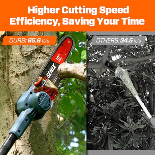 Image of SENIX 10 inch Cordless Pole Saw, 60V Max 3.0Ah Battery Powered, Carbon Fiber Telescoping Pole (4.6-8.5 ft), 65.5 ft /s Cutting Speed for Tree Pruning and Branch Trimming