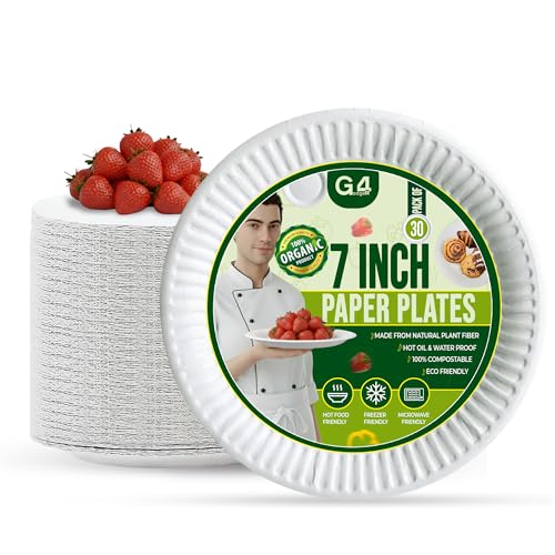 G4GADGET 30 Pack 7 Inch Paper Plates Small Disposable White Plates for Snacks Desserts & Parties Eco-Friendly Biodegradable Recyclable for Hot & Cold Food Sturdy & Microwave Safe