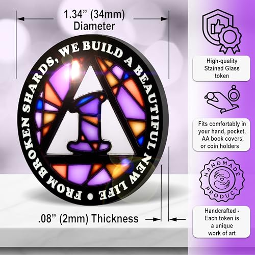 Image of Stained Glass 1 Year AA Chip Sobriety Coin Medallion, Fragments to Freedom Alcoholics Anonymous Addiction Recovery Anniversary Token, Inspirational Sober Gifts for Men and Women by the Token Shop