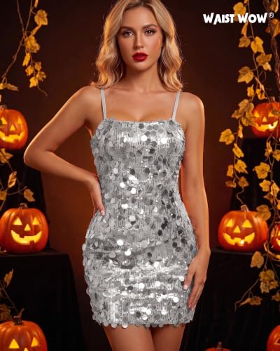 Image of Waist Wow Sequin Dress for Women Spaghetti Strap Sexy Dresses Glitter Sparkly Mini Dress