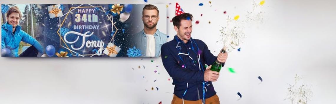 Personalisierbares Geburtstagsbanner für den Außenbereich, 91 x 3 m, benutzerdefinierter Foto-Name, blau-weißer Luftballon, Mann, Frau, Kinder, benutzerdefiniertes Vinyl-Partyschild, wasserdichte