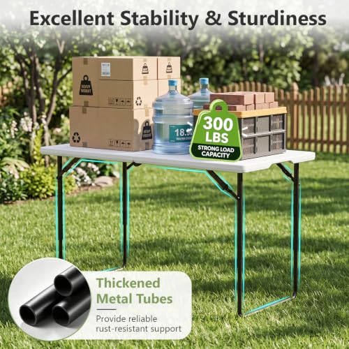 Image of Folding Table, 4 Foot Folding Picnic Table with Adjustable Height, Heavy Duty Folding Portable Table for Weddings, Camping, RV Travel, Parties, BBQs and Indoor Use, Easy to Fold and