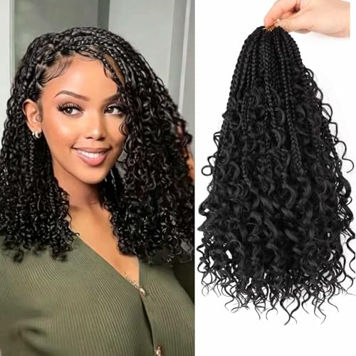8 Packs Bohemian Goddess Box Braids Crochet Hair Curly 12 Inch Boho Crochet Braids Braiding Hair for Black Women (1B, 12 inch 8 pack)