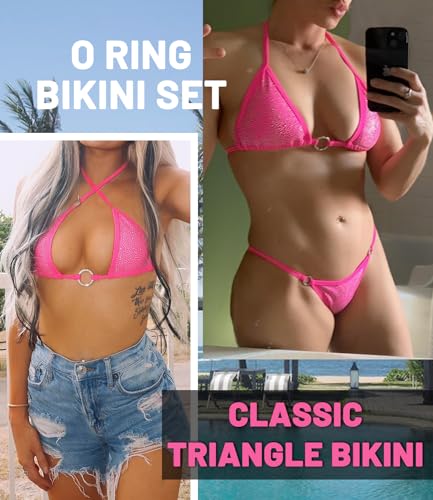 Women's Sparkly Rhinestone Halter Triangle O Ring Top String Thong High Cut Bottom 2 Pieces Bikini Swimsuit Set4