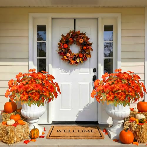 Image of Bassion Artificial Fall Flowers for Outdoor Decoration, 4 Pcs Fake Petunias | UV resistant, silk flowers, realistic faux morning glory plants, window box planters porch garden home autumn outdoor decor