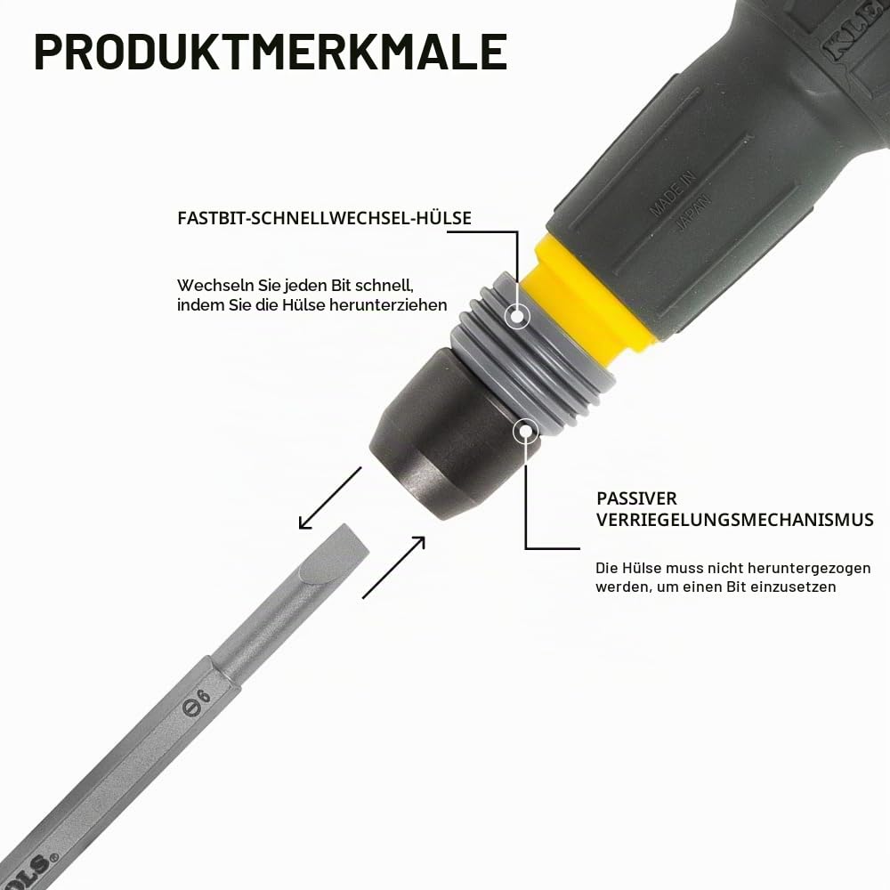 Klein Tools 32960A Fastbit Tru-Grip Schraubendreher, Kugelgriff mit Schnellspannkragen, #2 Kreuzschlitz und 6 mm Schlitz-Doppelend-Bit, 1/4-Zoll-Bit-kompatibel