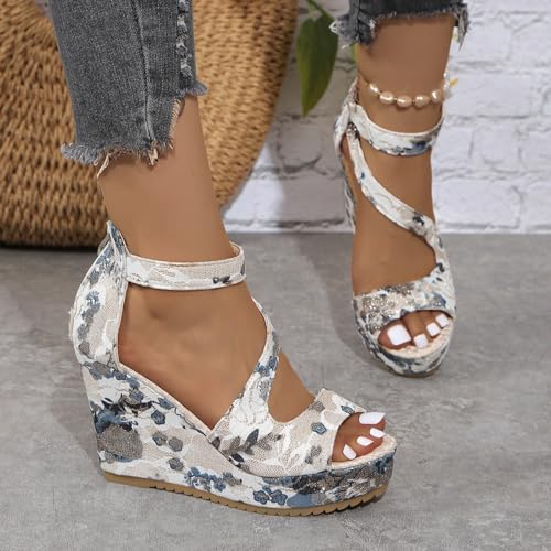 Women's Printed Platform High Heels Open Peep Toe Sandals Fashion Wedge Ankle Strap Back Zipper Slope Espadrille Casual Comfortable Floral Pattern Thick Sole Slip No Summer Sandal Shoes4