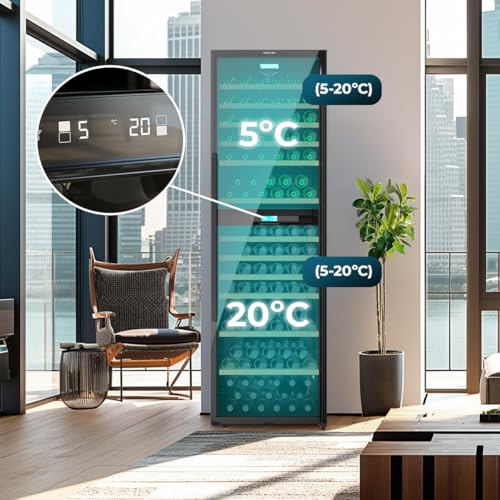 Cecotec Getränkekühlschrank, 176 Flaschen Bolero GrandSommelier Duo 176000 Schwarz. 176 Flaschen, Dual-Temperatur, UV-Schutz, Temperaturalarm, Kohlefilter, Reversible Tür, LED, Effizienter Kompressor