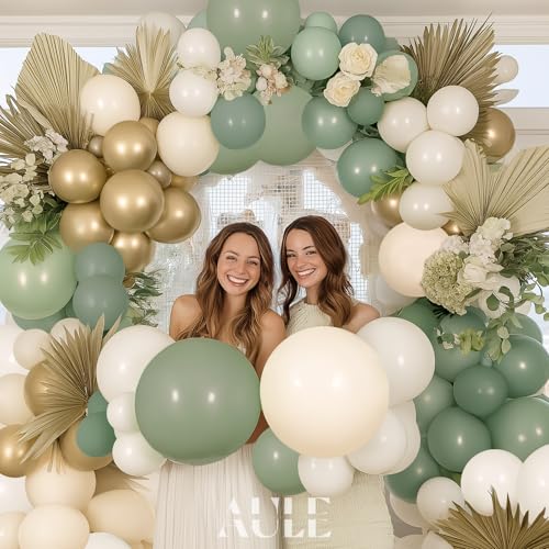 Image of AULE 155Pcs Sage Green Balloon Arch Kit Olive Sand White Balloons | Dusty Green Gold Birthday Anniversary Party Decorations Large Helium Number Balloons Jumbo Giant Huge Mylar