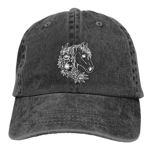 Wisedeal Women's Floral Horse Hat Vintage Distressed Adjustable Washed Baseball Cap For Men Women Racing Horse Lover Black #TOP4