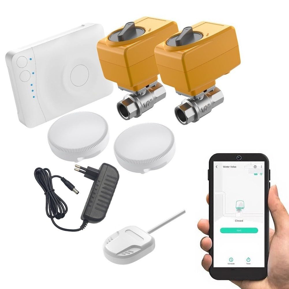 WiFi-Wasserleck-Alarmsystem, kompatibel mit Smart Life – automatisches Absperrventil, Dual-Sonden-Sensor für Küche, Keller (1,3 cm)