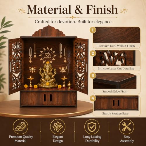 Image of The Castle Decor Wooden Mandir for Home, Wall Hanging & Tabletop Pooja Temple with Double Doors, Om & Lotus Cutwork, Storage Cabinet, Dark Walnut MDF for Pooja Room, 10.6 x 20 x 16.7 Inch (Design-7)