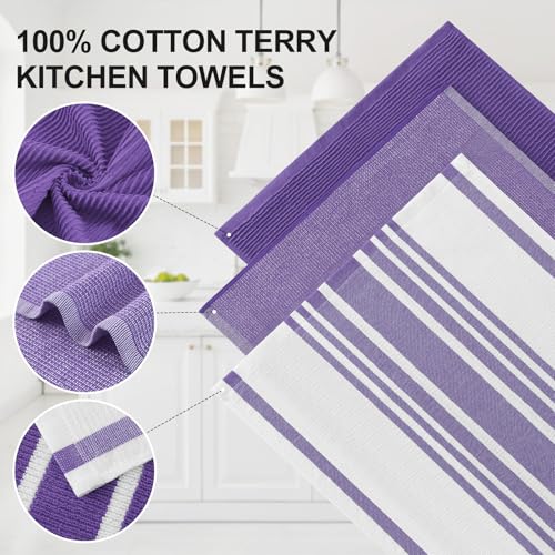 Image of Homaxy Premium Kitchen Towels(18 inchx 28 inch, 3 Pack), Large Cotton 380 GSM Kitchen Hand Towels, Soft and Absorbent Terry Dish Towels, Multipurpose Tea Towel Set with Hanging Loop, Purple
