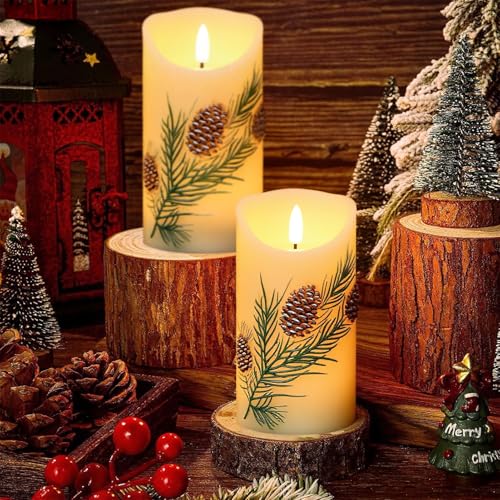 Image of Pinecone Flameless Flickering Candles Battery Operated with 6H Timer 3D Wick LED Pillar Candles Real Wax Hand-Painted Dinner Holiday Christmas Indoor Decoration(2 Pack, 3 inch D x 5.7 inch H)