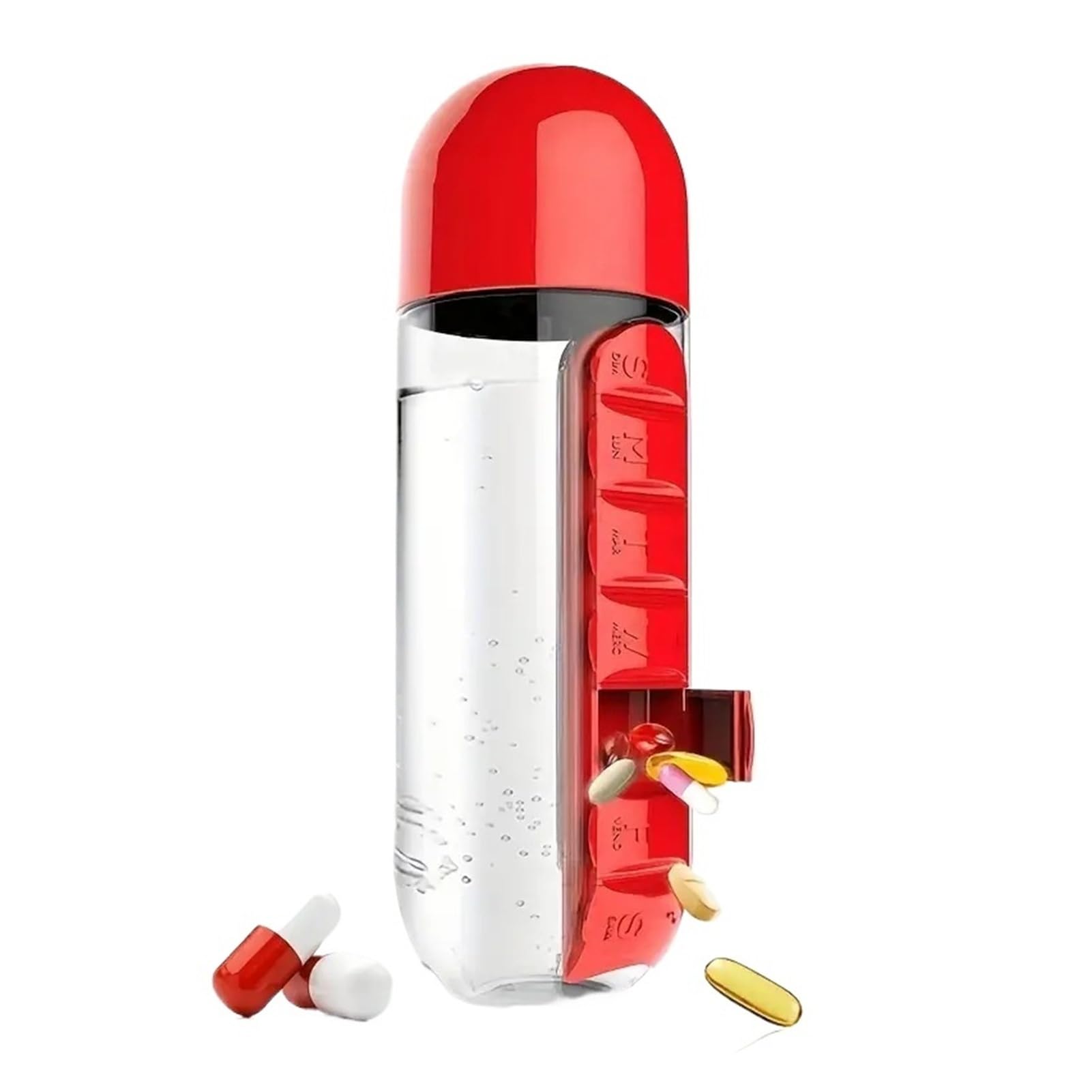 Pillen-Organizer, 7-Tage-Pillenbox-Organizer, 2-in-1, 600 ml, Medikamentenbox, Wasserbecher, Sport-Plastikwasserflasche, kombinieren Sie tägliche Pillenboxen, Organizer for Trinken(Red 1 Pcs)