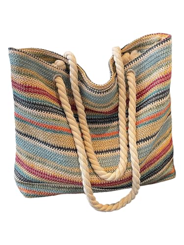 Image of QWINEE Women's Striped Tote Bags Double Handle Large Capacity Lightweight shoulder Handbag