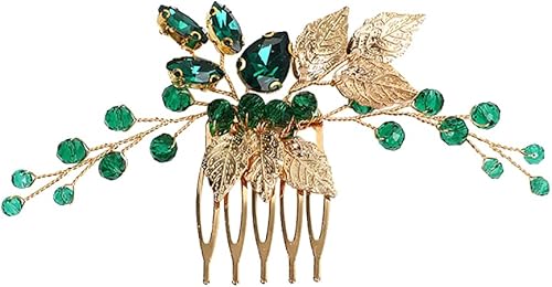 Peine de pelo de cristal verde, peine de pelo para novia, boda, hojas doradas, peine lateral, peine decorativo con diamantes de imitación,