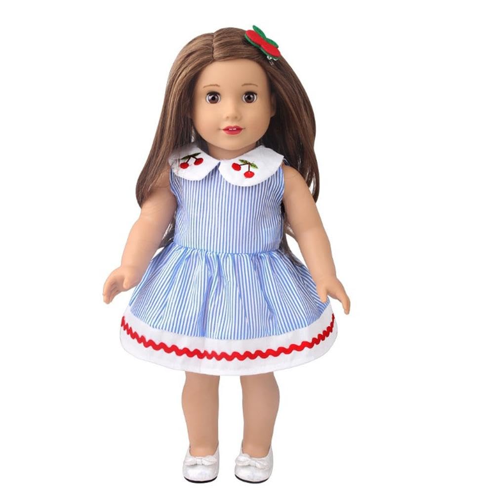 NIXNUT Doll Clothes Dress Striped Pattern Summer Clothing for American Girl Doll 18-inch with Cherry Decoration - Image 2