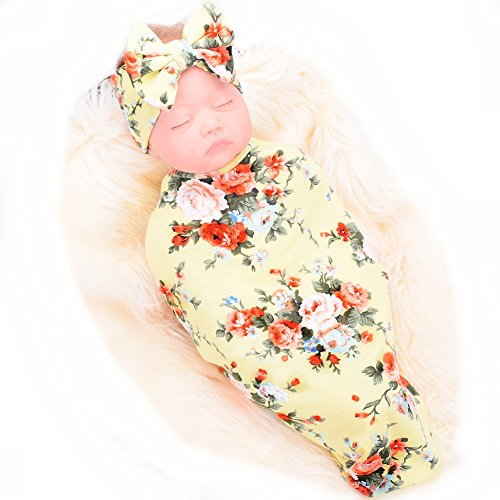 Newborn Receiving Blanket Headband Set Flower Print Baby Swaddle Receiving Blankets Galabloomer