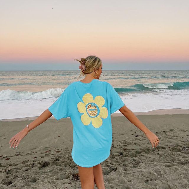 Image of Vintage Oversized Flower Graphic Tees Cute Surfboard Palm Baggy T-Shirts Summer Preppy Beach Tops Teen Girls Clothes