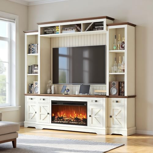 100' Rustic Farmhouse Entertainment Center with Electric Fireplace - Wall Unit Media Console (TV...