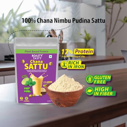 Image of Roasty Tasty Chana Sattu Powder | Nimboo Pudina Flavor | Plant Based Protein | Energy Booster | High in Protein | High in Fiber | Healthy Food | Roasted Chana | Sattu Atta | Gluten Free | 250 gm