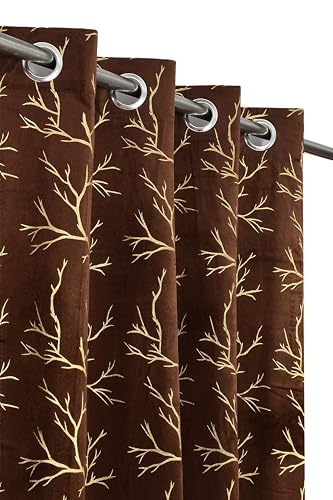 RED RIBBON DECOR Heavy Velvet Fabric Semi Sheer Room Darkening Floral Grommet Curtains 9 Feet For Long Door, Brown, Pack Of 3 Pieces
