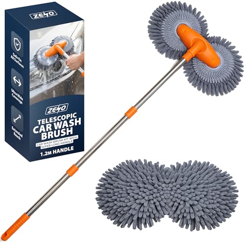 ZENO Telescopic Car Wash Brush 1.2M | Car Wash Brush With Dual Microfiber Heads For Scratch Free Cleaning | Car Washing Kit For Cars Vans SUVs And Caravans | Extendable Handle | Dual Head Brush