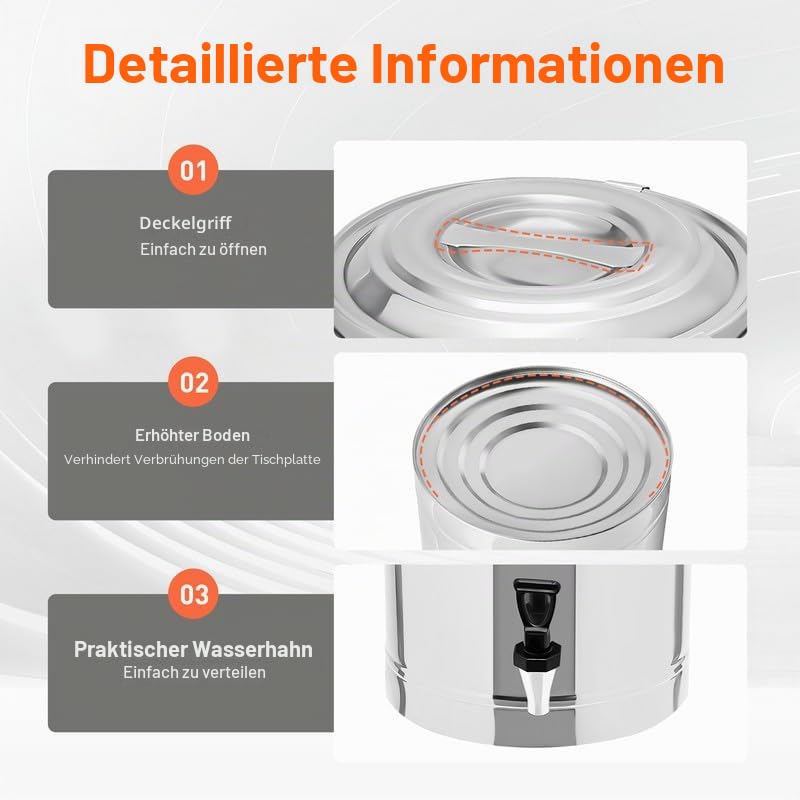 Thermo Getränkespender aus Edelstahl 20L mit Zapfhahn, Isolierbehälter für heiße und kalte Getränke wie Kaffee, Tee, Saft, Milch bei Party, Buffet, Restaurant