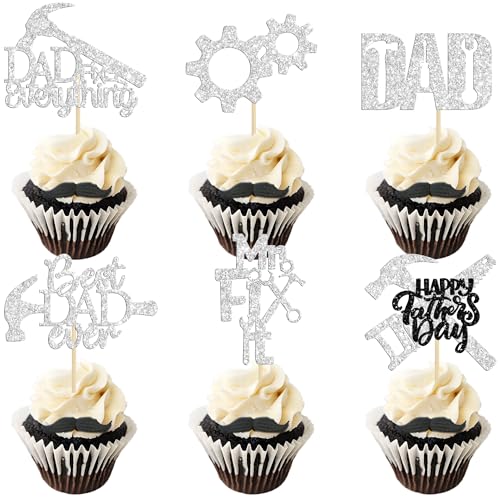 24 Pack Silver Glitter Happy Father's Day Cupcake Toppers with Construction Tools Happy Father's Day Best Dad Ever Cupcake Picks Dad Fix Everything Cake Decorations Toppers Picks Party Supply