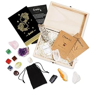 Gemini Zodiac Crystals and Healing Stones Gift Set- with Real Raw Gemstones – Kit of Spiritual Protection Items with Small and Large Crystals- with Candle and Zodiac Card Deck (Gemini)