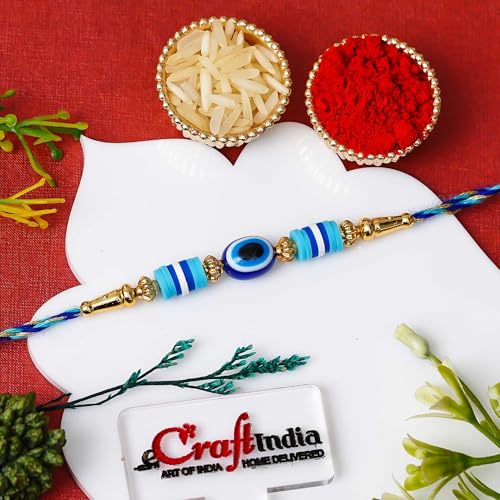 Image of eCraftIndia Evil Eye Rakhi for Brother With Gift Combo Set Hamper | Single Raksha Bandhan Rakhi for Bhai Bhaiya Bhabhi Kids Boy | Best Bro Ever Fridge Magnet | Roli Chawal Pack