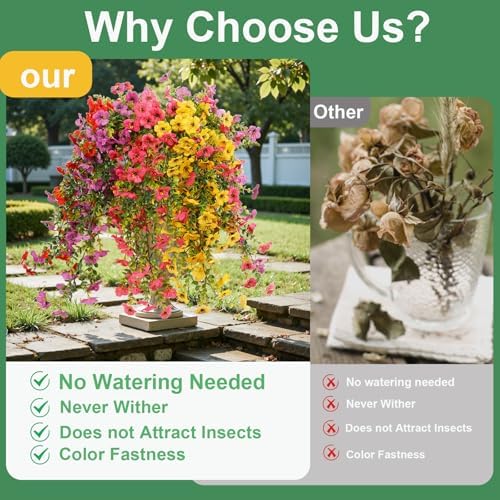 Wanderroot 6 Bundles Artificial Flowers for Outdoors, UV Resistant Fake Hanging Flower, Realistic Silk Flowers for Indoor Outside Garden Patio Balcony Farmhouse Porch (Fuchsia, Red, Purple, Yellow) - 4