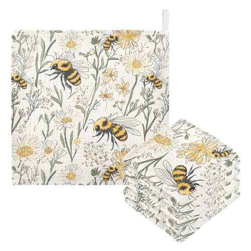 Image of Bolaz Washcloths Set Bathroom Kitchen Wash Cloths Face Towels Wipes Vintage Bee Decorative 12x12 Inch 5 Pack