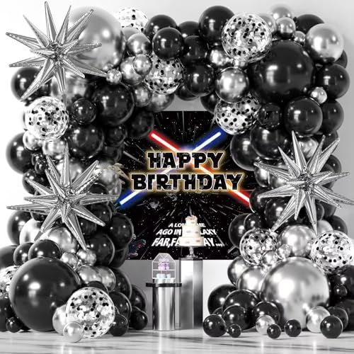 Star Themed Backdrop with Balloons Arch Kit for Boys Kids Birthday Party Universe Wars Background Galaxy Themed Photography Background Birthday Party Supplies Cake Table Decorations