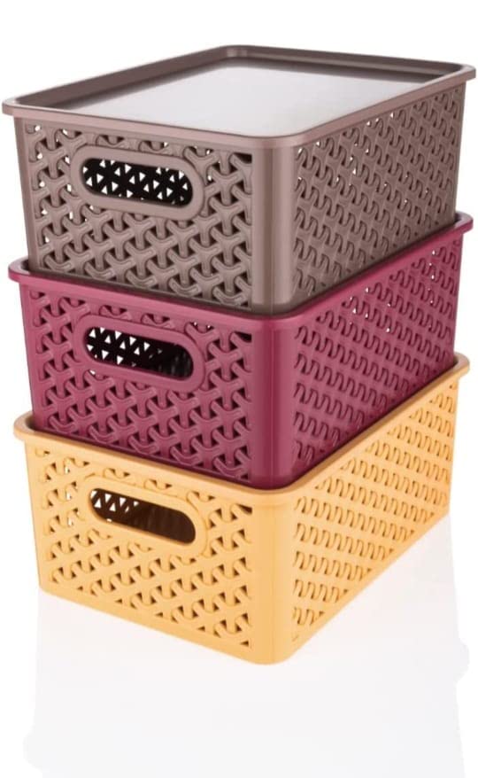 Kiaro Basket Medium Pack of 3 With 3 Lids Multipurpose Plastic Storage