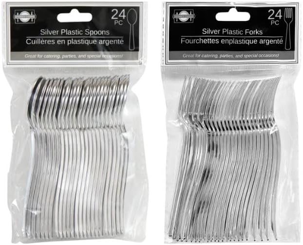 Disposable Plastic Silver Flatware, Forks and Spoons, 96 Pieces Total, 24 Count per Pack
