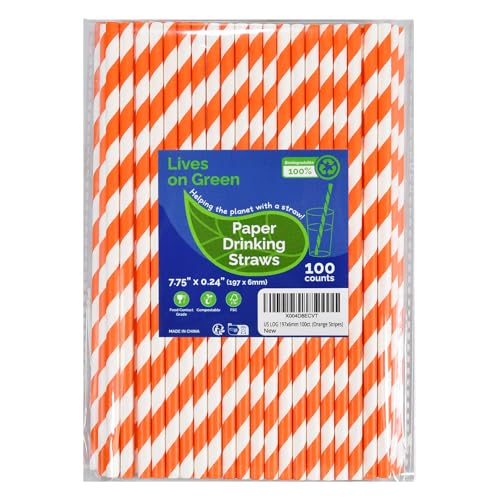 Lives on Green 19,7 cm, cannucce di carta compostabili, arancione/bianco, a righe, 100 pezzi, per cocktail, succhi di frutta, caffè, bar, ristoranti