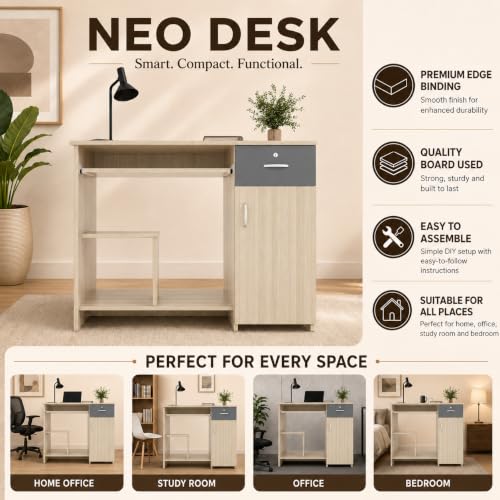 Image of 45x90x76CM Engineered Wood Study & Office Table with Drawer, Cabinet Storage & Keyboard Tray | Sturdy, Foldable DIY Multipurpose Table- Acacia Light with Grey