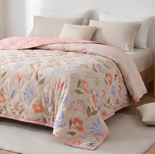 Image of Summer Blanket 100% Cotton Reversible Ac Comforter and Cooling | Classic Printed Design | Quilt | Dohar Single /Double Bed Quilt Ideal for Gifting (White Color Floral Desing, Double)