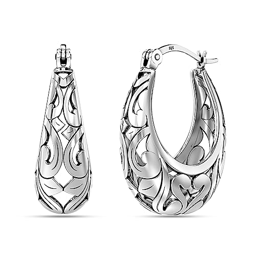 LeCalla 925 Sterling Silver Hoop Earrings | Women's Chunky Filigree Hoop Earrings | Antique Filigree Cut Earring | Lightweight & Hypoallergenic Vintage Hoops Earring for Women