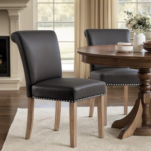 Image of CHUN YI Dining Chairs Set of 2, Faux Leather Dining Room Chairs, Upholstered Modern Kitchen Parsons Chairs for Dining Room with Sturdy Wood Legs, Vintage Grey