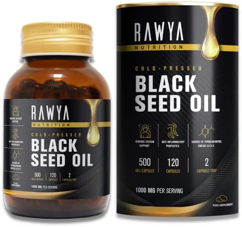 RAWYA Black Seed Oil - 120 Softgel Capsules, Premium Cold-Pressed Nigella Sativa, Pure Black Cumin Seed Oil - 500mg Each, Supports Immune System, Joints, Hair Growth & Skin, Halal