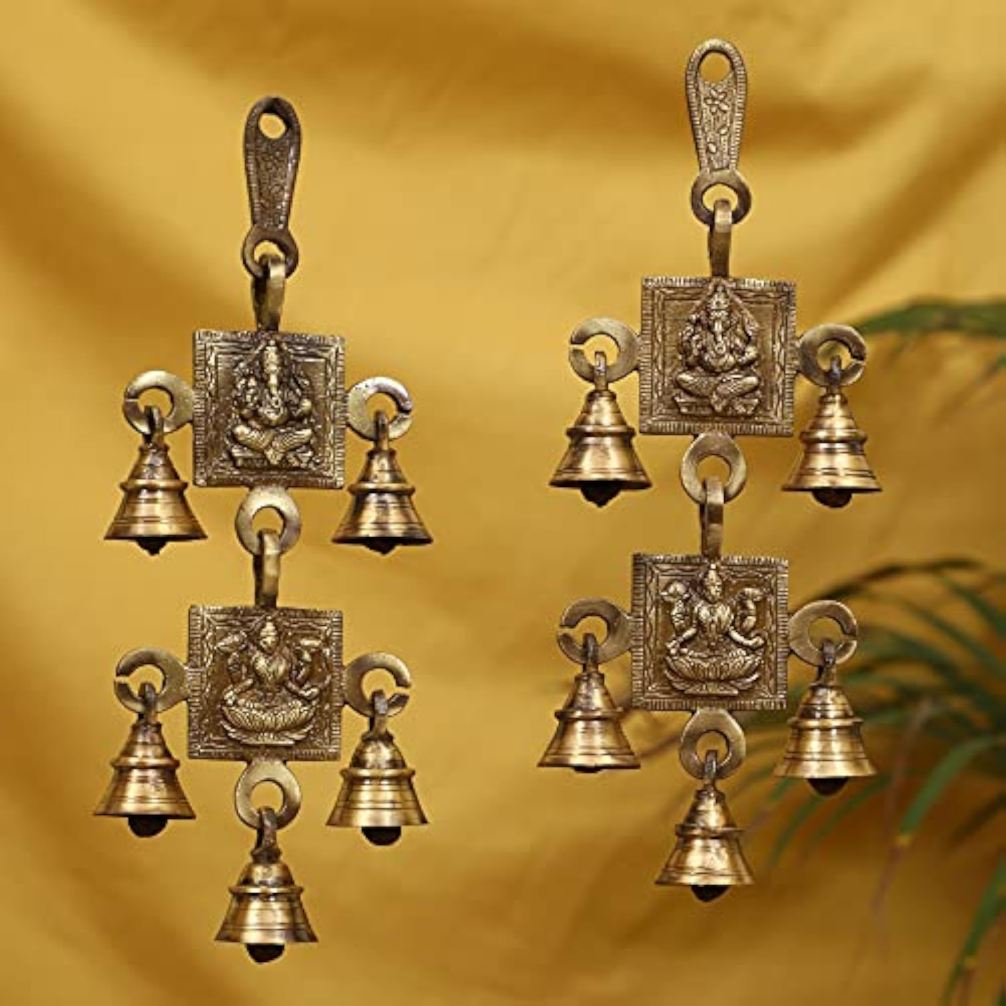 Brass Lakshmi Ganesh Hanging Bells, 9 in, 2 pcs