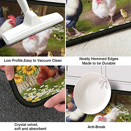 Ghroiep Rooster Kitchen Rug 2 Piece Set Sunflower Decor Kitchen Floor Mat, Microfiber Washable Runner Rugs, Farmhouse Chicken Decorations Kitchen Mats,17"X47"+17"X30" #TOP5