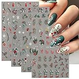 Celblisora ​​4 fogli di adesivi per unghie natalizi, foglie di agrifoglio in rilievo 5D, decalcomanie per unghie, design a tema invernale con albero di Natale, renna, fiocchi di neve, accessori per