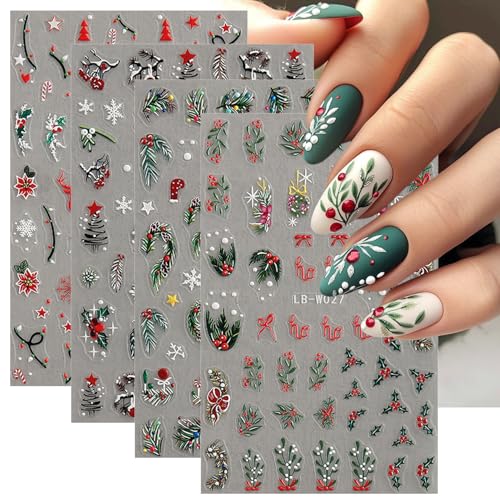 Celblisora ​​4 Bögen Weihnachts-Nagelkunst-Aufkleber,5D Geprägte Stechpalmenblätter,Nagel Abziehbilder,Winter-Weihnachtsbaum,Elch, Schneeflocken Design,Nagelkunst Zubehör