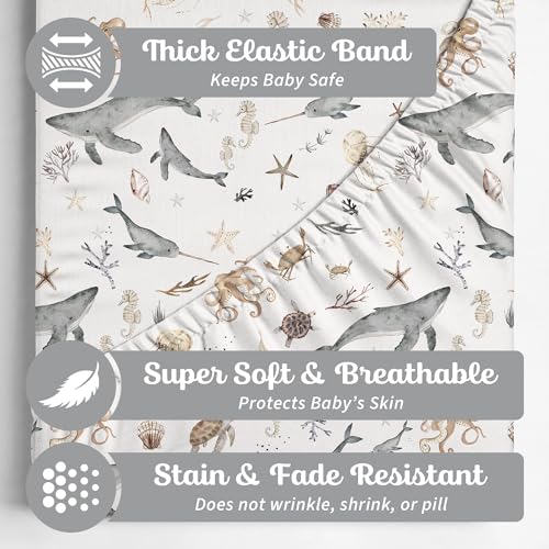 Image of Crib Sheets Neutral - Fitted Baby Crib Sheets Bed for Girl Boy - 2 Pack Standard & Toddler Mattress (Ocean Odyssey) - Buttery Soft Organic Cotton Blend