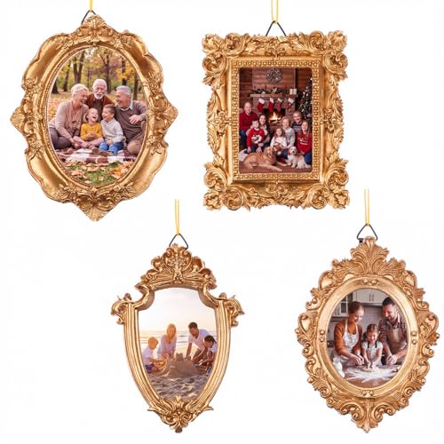 Xthrotsenk 4 Pcs Mini Vintage Picture Frames Wall Hanging Vintage Gold Photo Frames Antique Small Oval Rectangle Photo Frame Ornaments for Christmas Tree Home Wedding Gallery Art(Rustic Style)