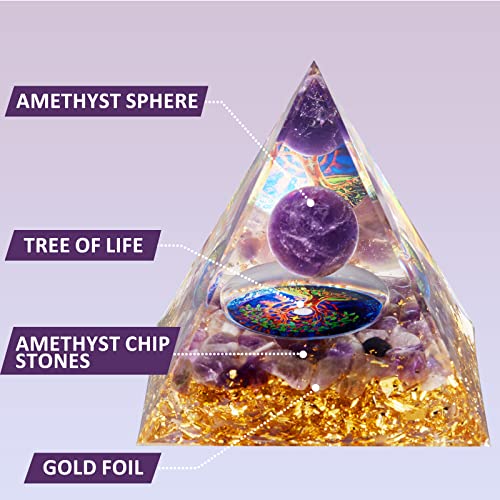 Orgone Pyramid - Orgonite Healing Amethyst Crystal Sphere With Reiki Obsidian Protection Handmade Pyramids Valentines Day Gift Home Office Decor Positive Energy For Balancing (Amethyst+Tree Of Life) #TOP7